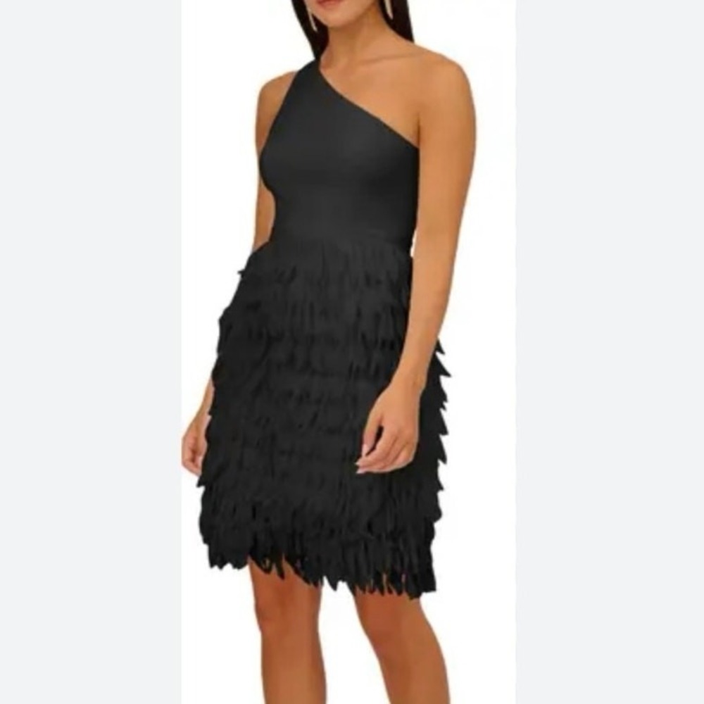 Adrianna Papell Black Dress-size 4- one shoulder combo fabric cocktail